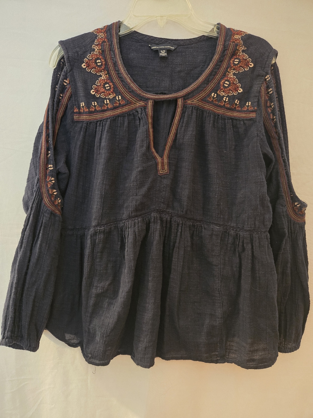 American Eagle Outfitters Navy Embroidered Boho Peasant Blouse